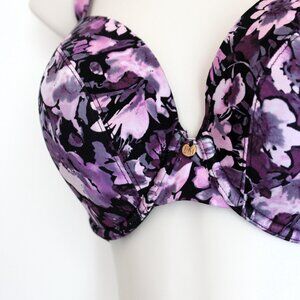 Le Mystere Bra Sz 34DDD F Nylon Satin Purple & Black Floral U/Wire Padded Full